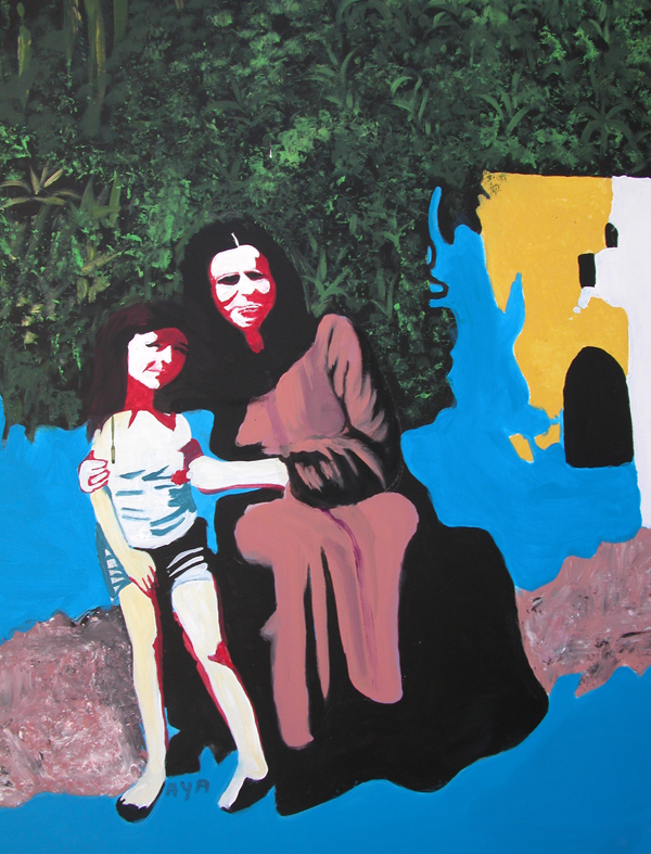 Femme et enfant sur fond bleu